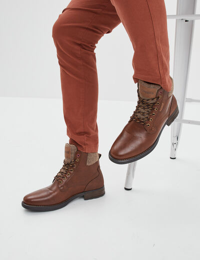 Boots à lacets bi-matières marron homme