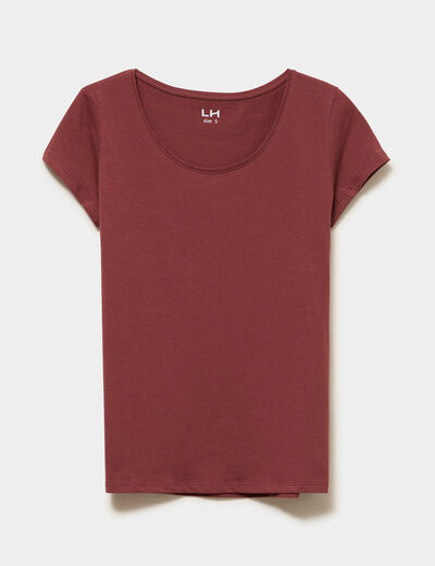 T-shirt coton col rond manches courtes marron cognac femme