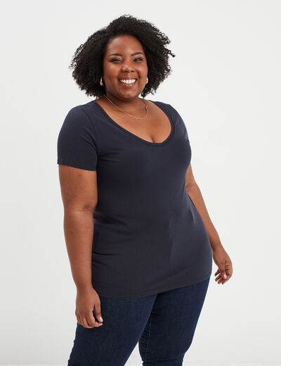 T-shirt col en V manches courtes coton bleu foncé femme grande taille