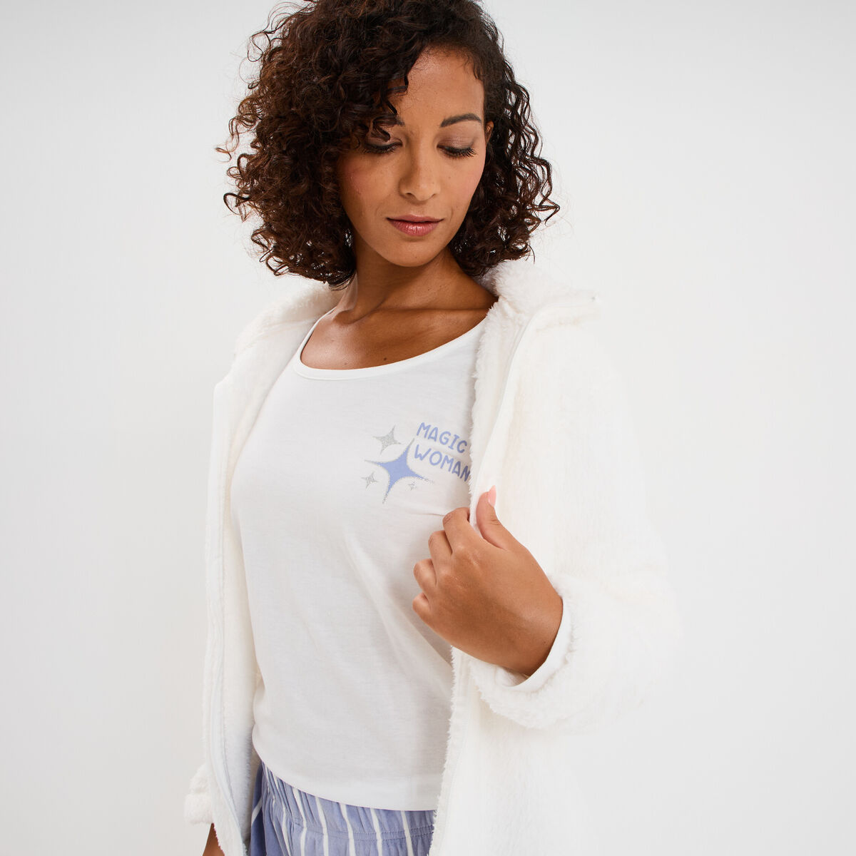 Ensemble pyjama 3 pi&egrave;ces effet polaire bleu ciel femme