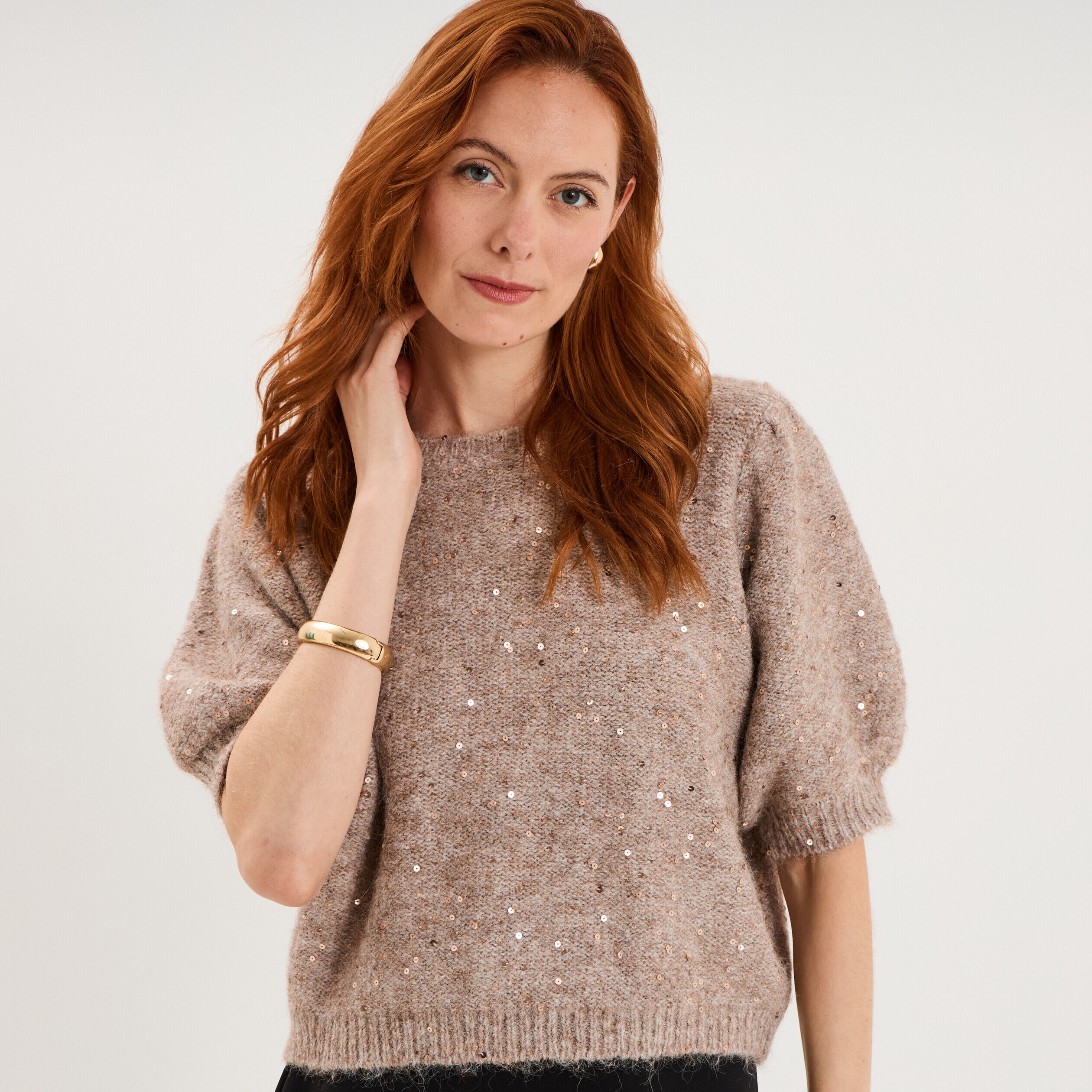 Pull sequins et manches courtes ballons beige femme MOSQUITOS