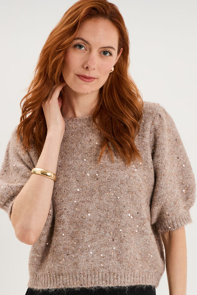 Pull sequins et manches courtes ballons beige femme