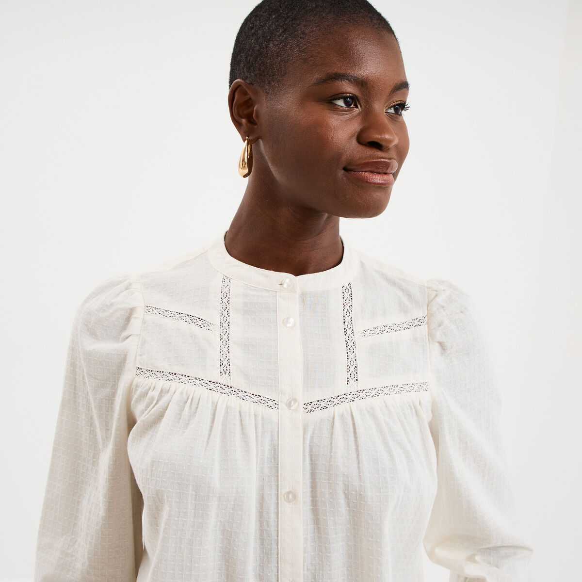 Blouse droite manches longues coton ecru femme