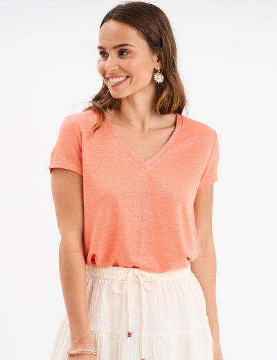 T-shirt col en V manches courtes rose corail femme