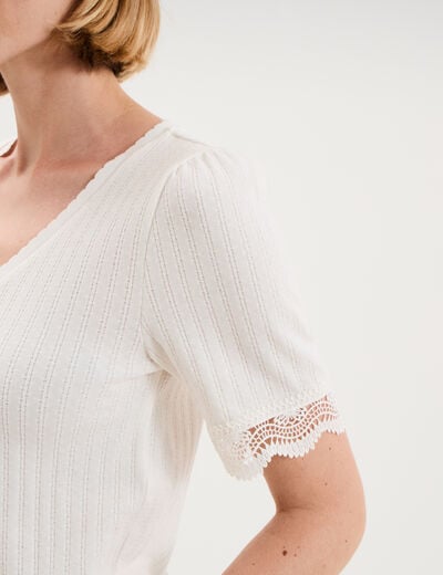 Blouse manches courtes col V dentelle blanc femme