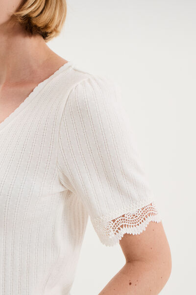 Blouse manches courtes col V dentelle blanc femme