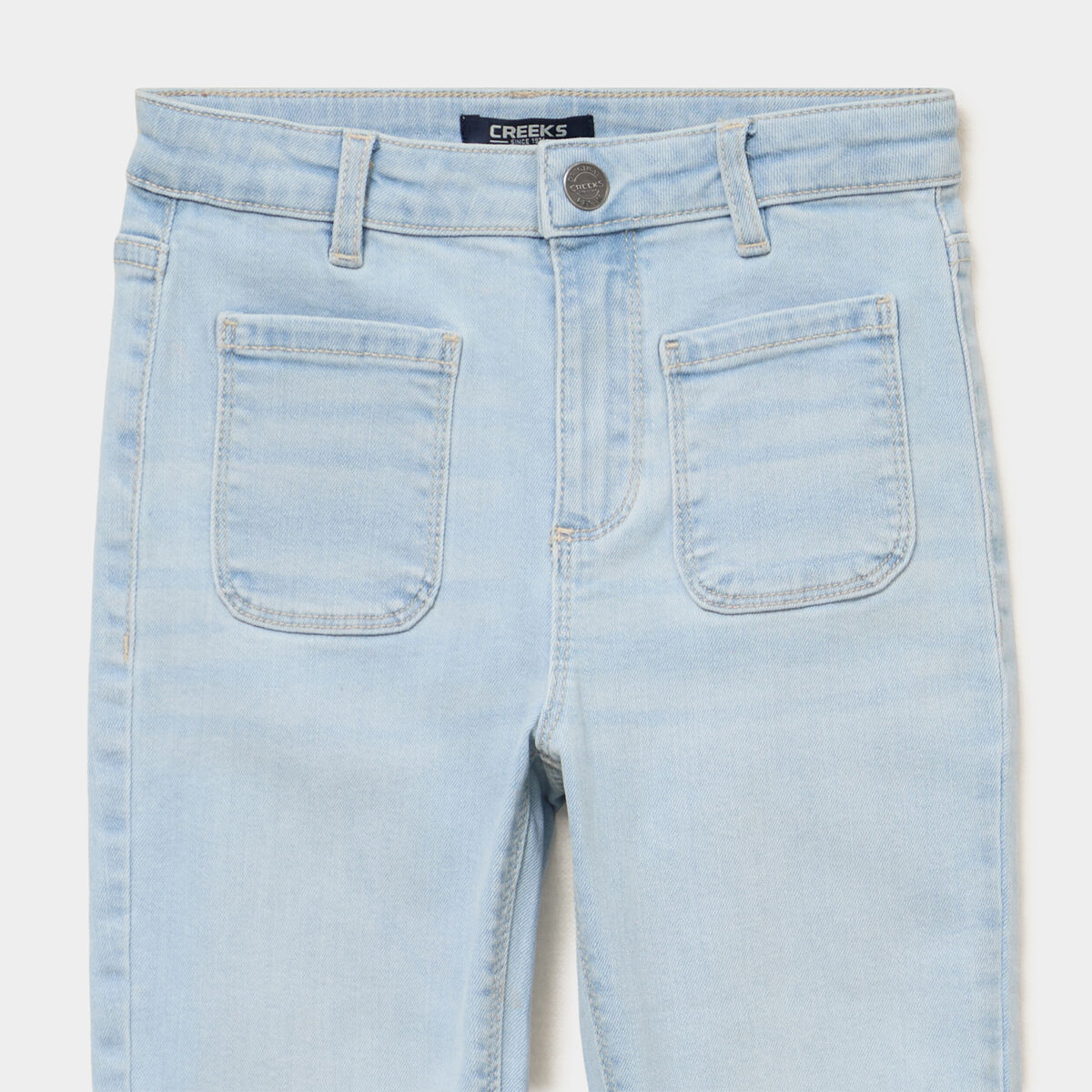 Jean flare poches plaqu&eacute;es denim bleach fille