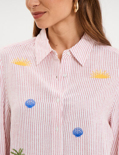 Chemise brod&eacute;e manches longues rouge femme