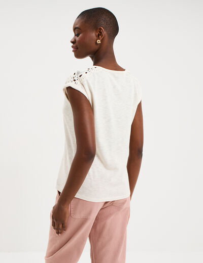 T-shirt avec broderie &eacute;paules ecru femme