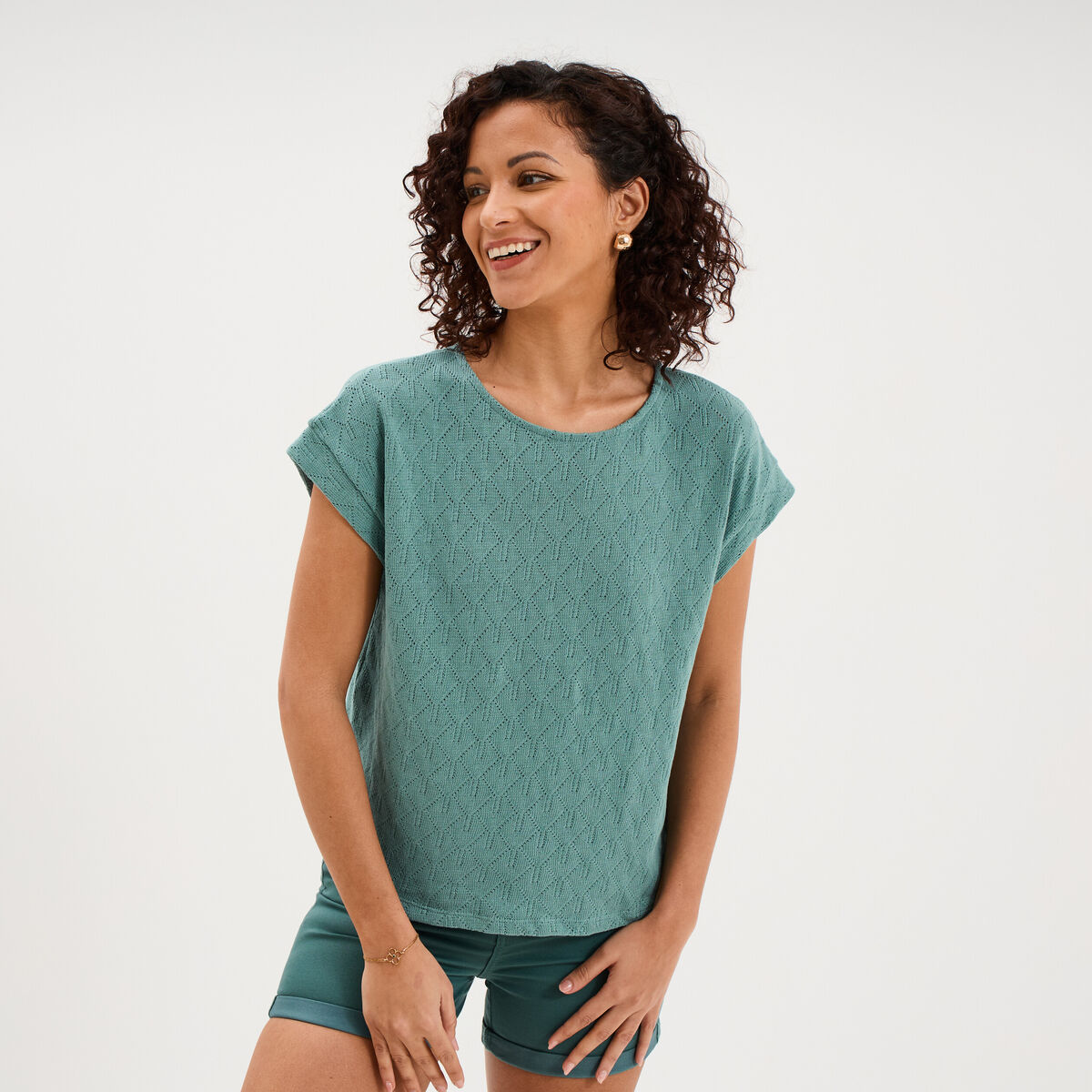 T-shirt ajour&eacute; manches courtes bleu gris femme