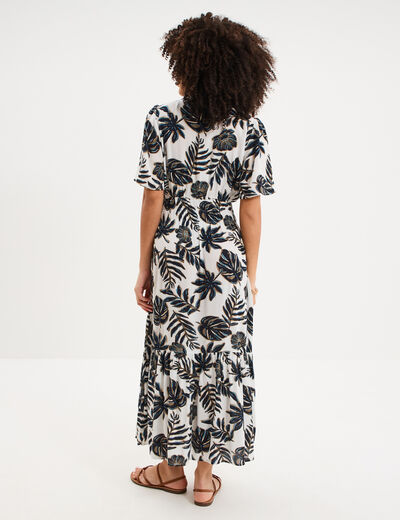 Robe longue col tunisien manches courtes ecru femme