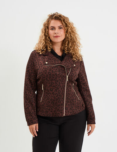 Blouson zippé effet suédine style biker marron foncé femme grande taille