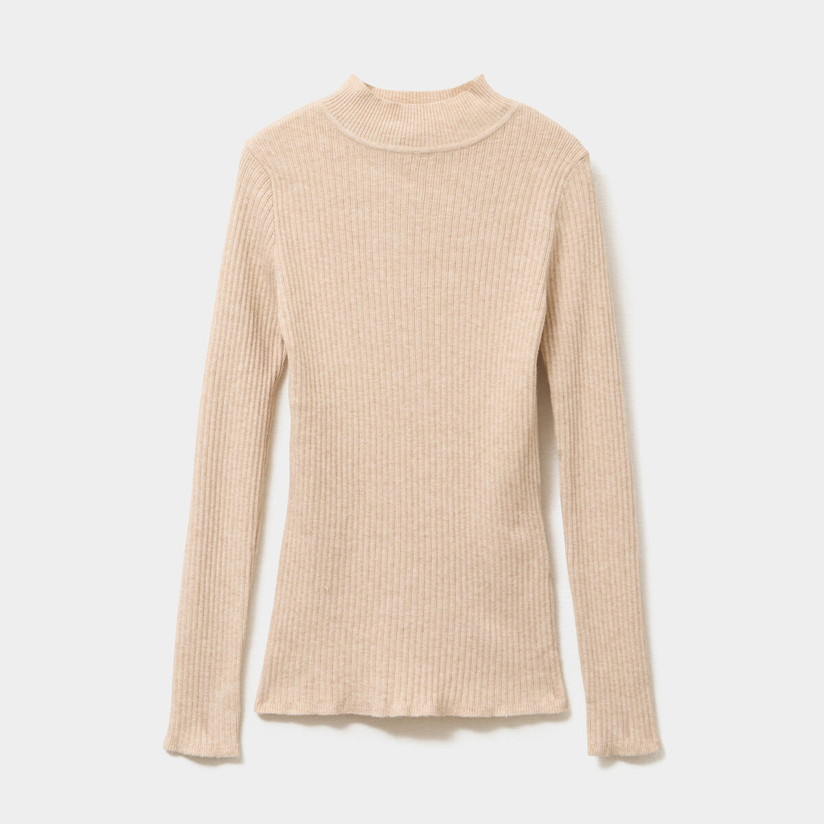 Pull ajusté côtelé col montant beige femme