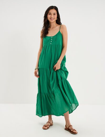 Robe longue &agrave; volants fines bretelles vert canard femme