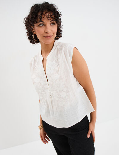 Blouse col tunisien sans manches coton blanc femme