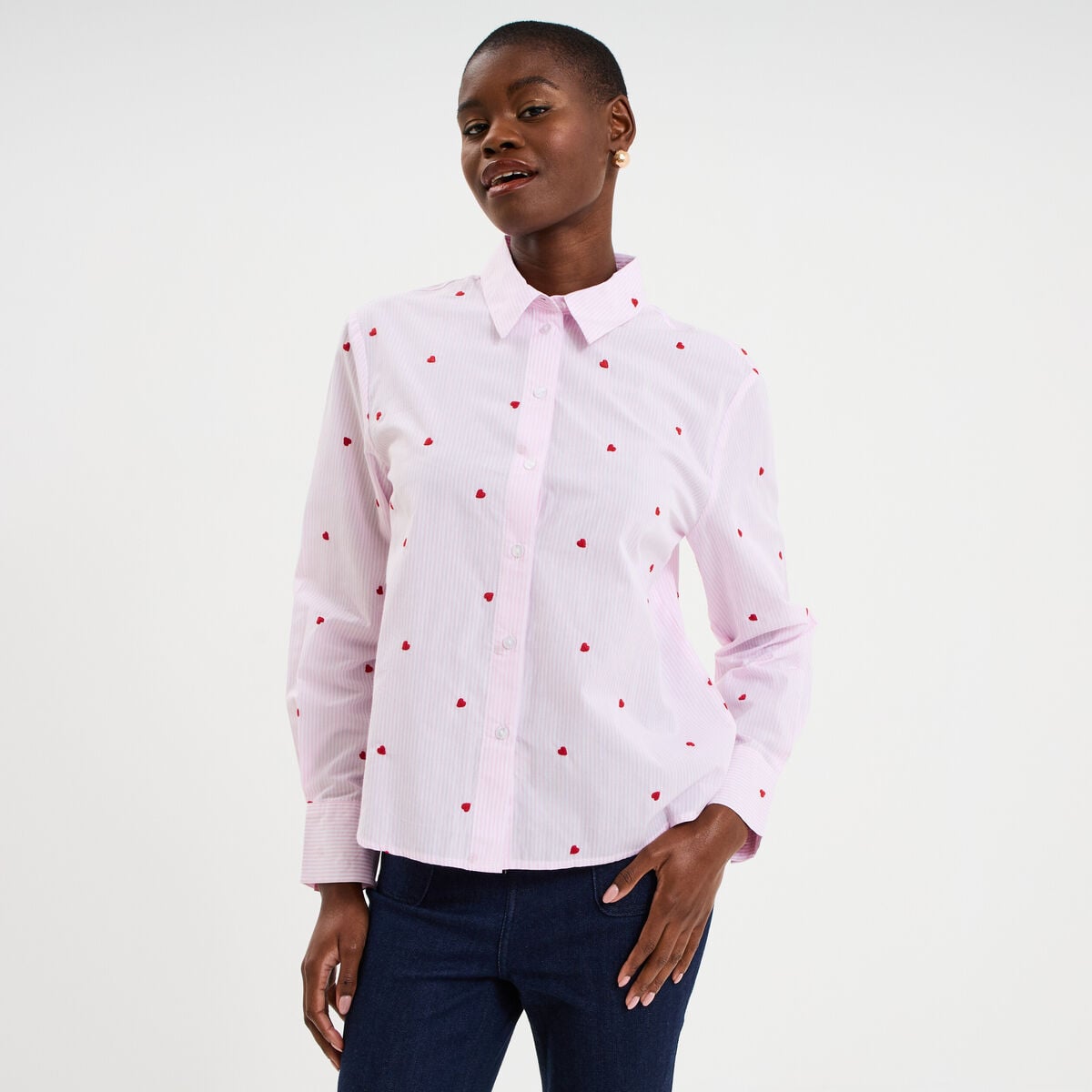 Chemise brod&eacute;e manches longues rose femme