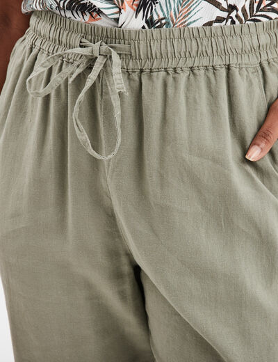 Pantalon en lin droit 7/8ème vert kaki femme