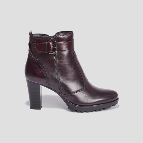 Bottines à talons avec boucles en cuir bordeaux femme