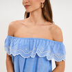 Blouse col bardot broderie anglaise bleu clair femme