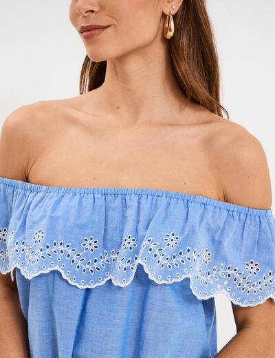 Blouse col bardot broderie anglaise bleu clair femme