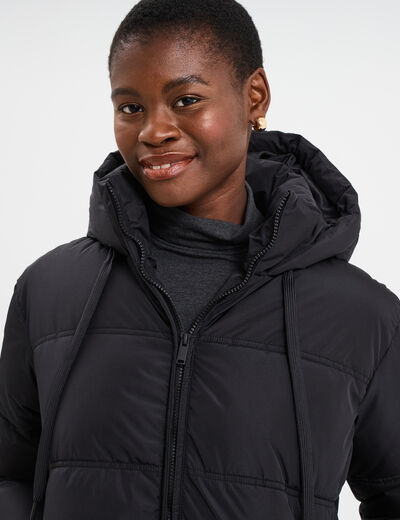 Doudoune courte droite doubl&eacute;e &agrave; capuche noir femme