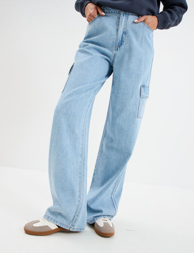 Jeans cargo large coton denim triple stone femme