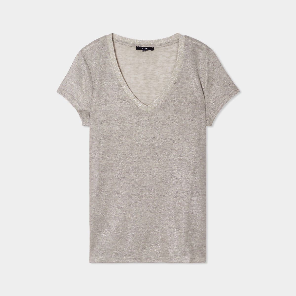 T-shirt col en V à bande métallisée vert kaki femme