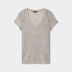 T-shirt col en V à bande métallisée vert kaki femme