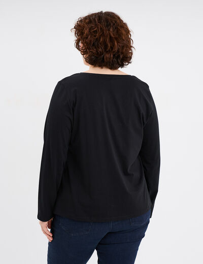 T-shirt col en V manches longues coton noir femme grande taille