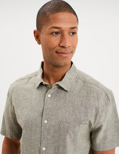 Chemise manches courtes lin m&eacute;lang&eacute; vert kaki homme