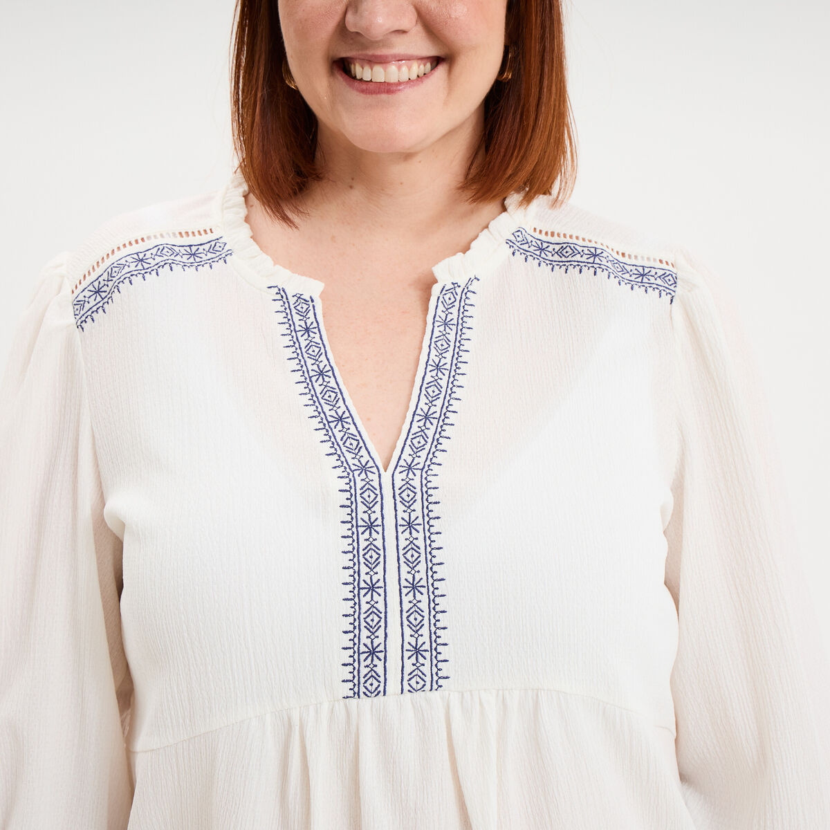 Blouse manches ballons 3/4 ecru femme grande taille