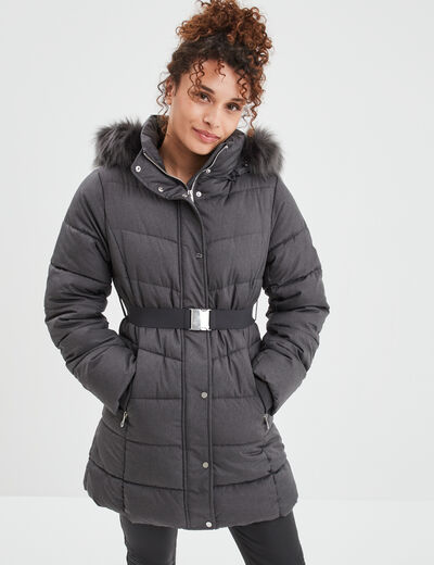 Doudoune ceintur&eacute;e mi-longue &agrave; capuche gris clair femme