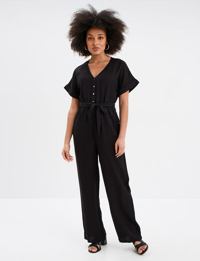 Combinaison pantalon ceinturée col en V noir femme