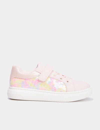 Tennis basses à scratchs et sequins rose fille
