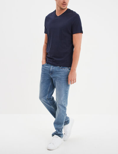 T-shirt manches courtes coton col V bleu marine homme