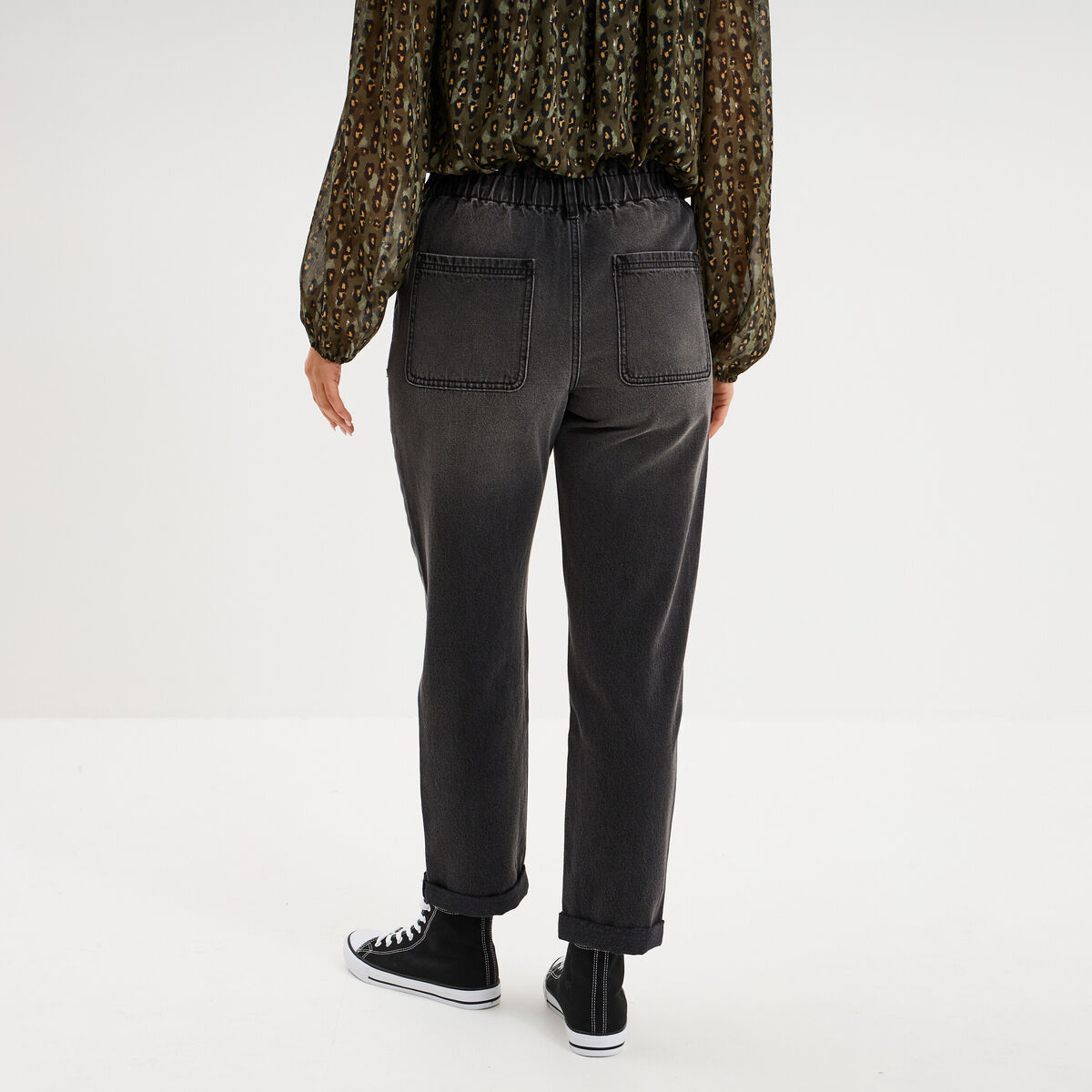 Jean paperbag cropped taille &eacute;lastiqu&eacute;e denim noir femme