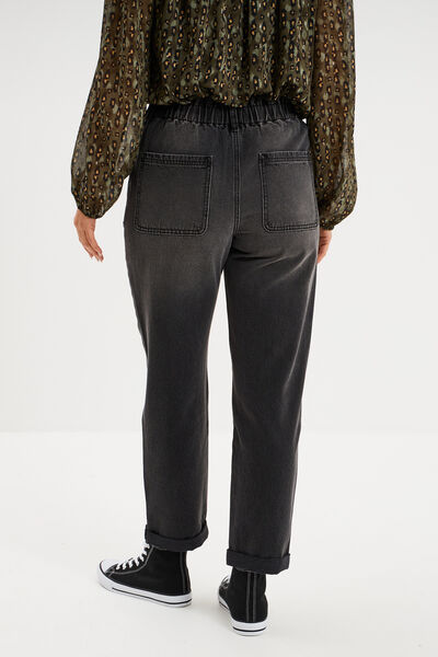 Jean paperbag cropped taille &eacute;lastiqu&eacute;e denim noir femme