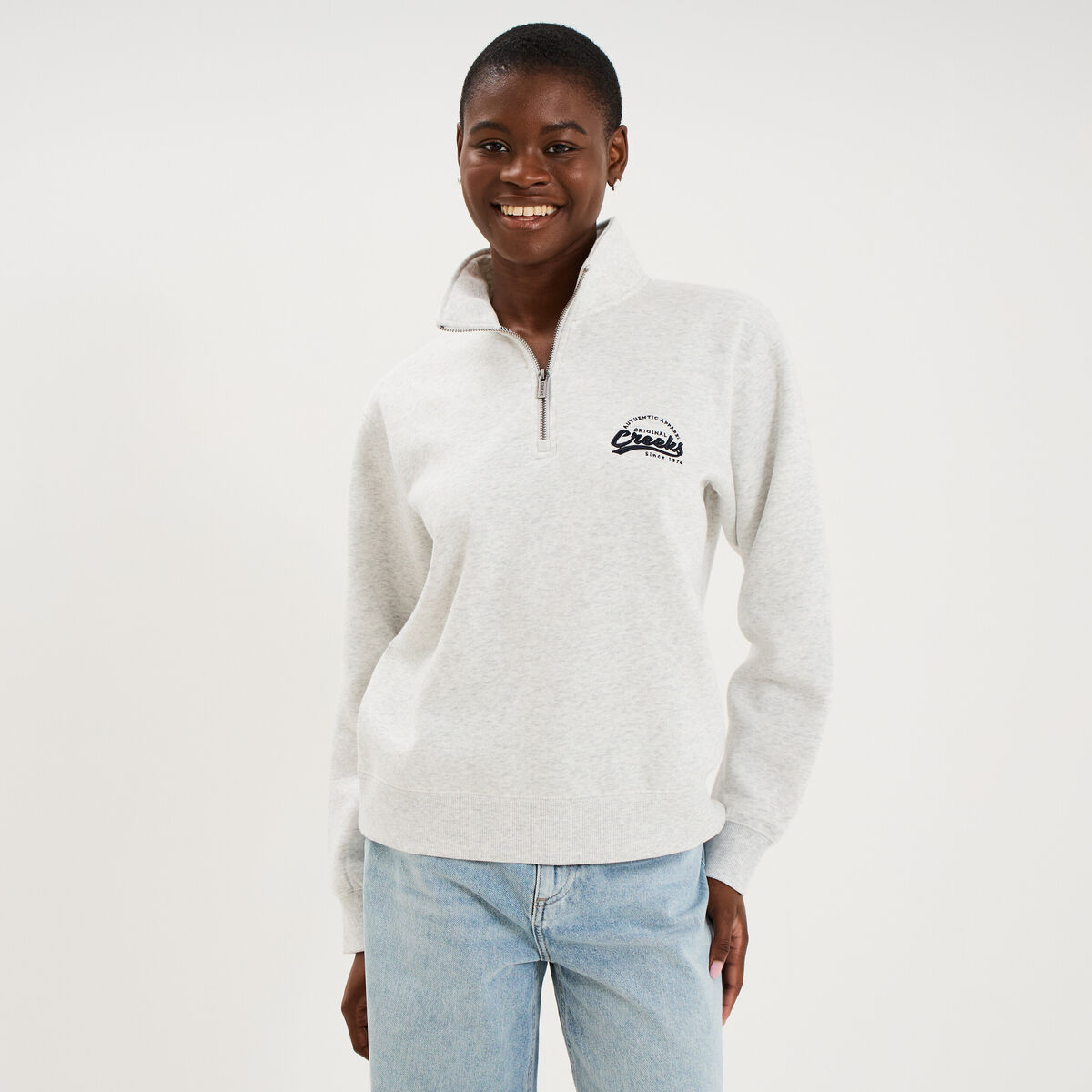 Sweat col camionneur zipp&eacute; gris clair femme