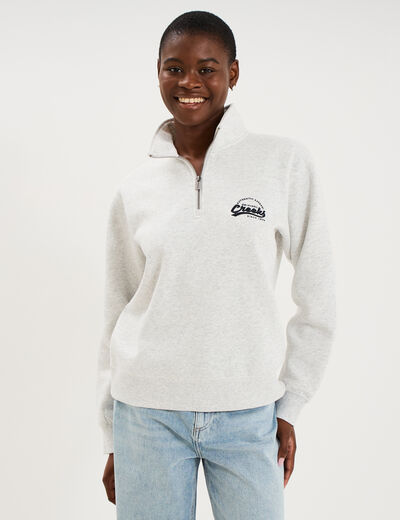 Sweat col camionneur zipp&eacute; gris clair femme