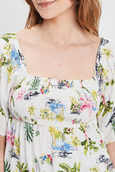 Blouse smockée manches courtes ecru femme