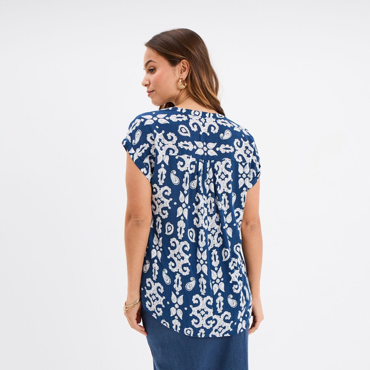 Blouse cr&eacute;pon manches courtes bleu marine femme