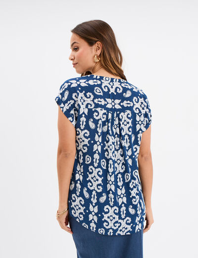 Blouse cr&eacute;pon manches courtes bleu marine femme