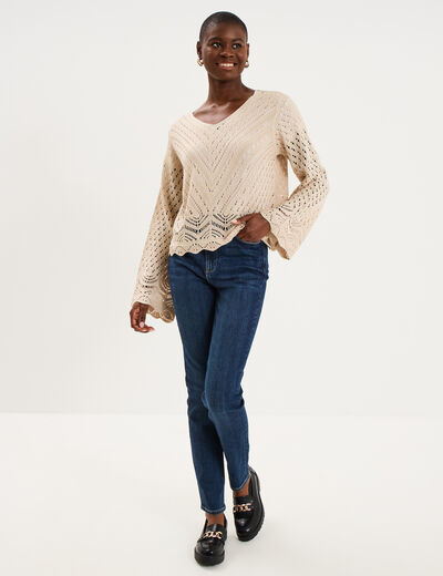 Pull ajour&eacute; col en V manches longues beige femme