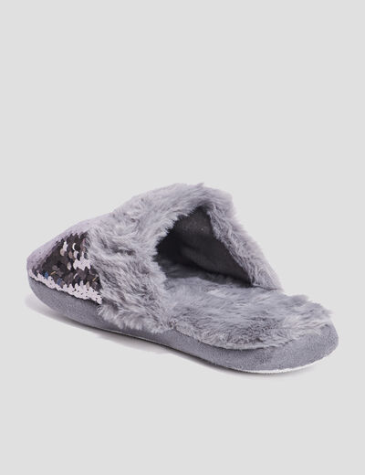 Chaussons mules sequins et fourrure gris femme
