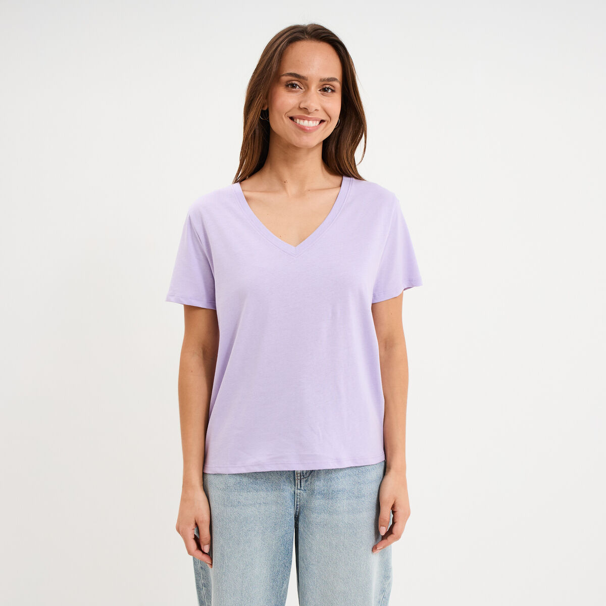 T-shirt manches courtes col en V coton parme femme