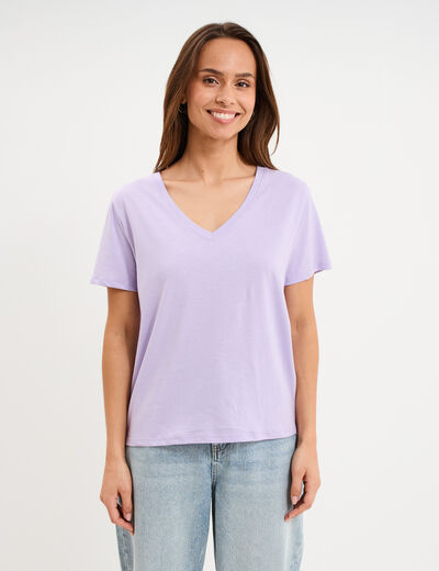 T-shirt manches courtes col en V coton parme femme