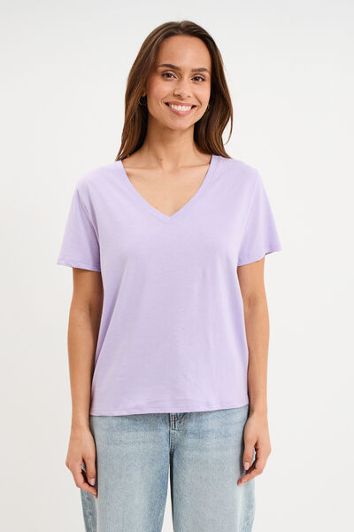 T-shirt manches courtes col en V coton parme femme
