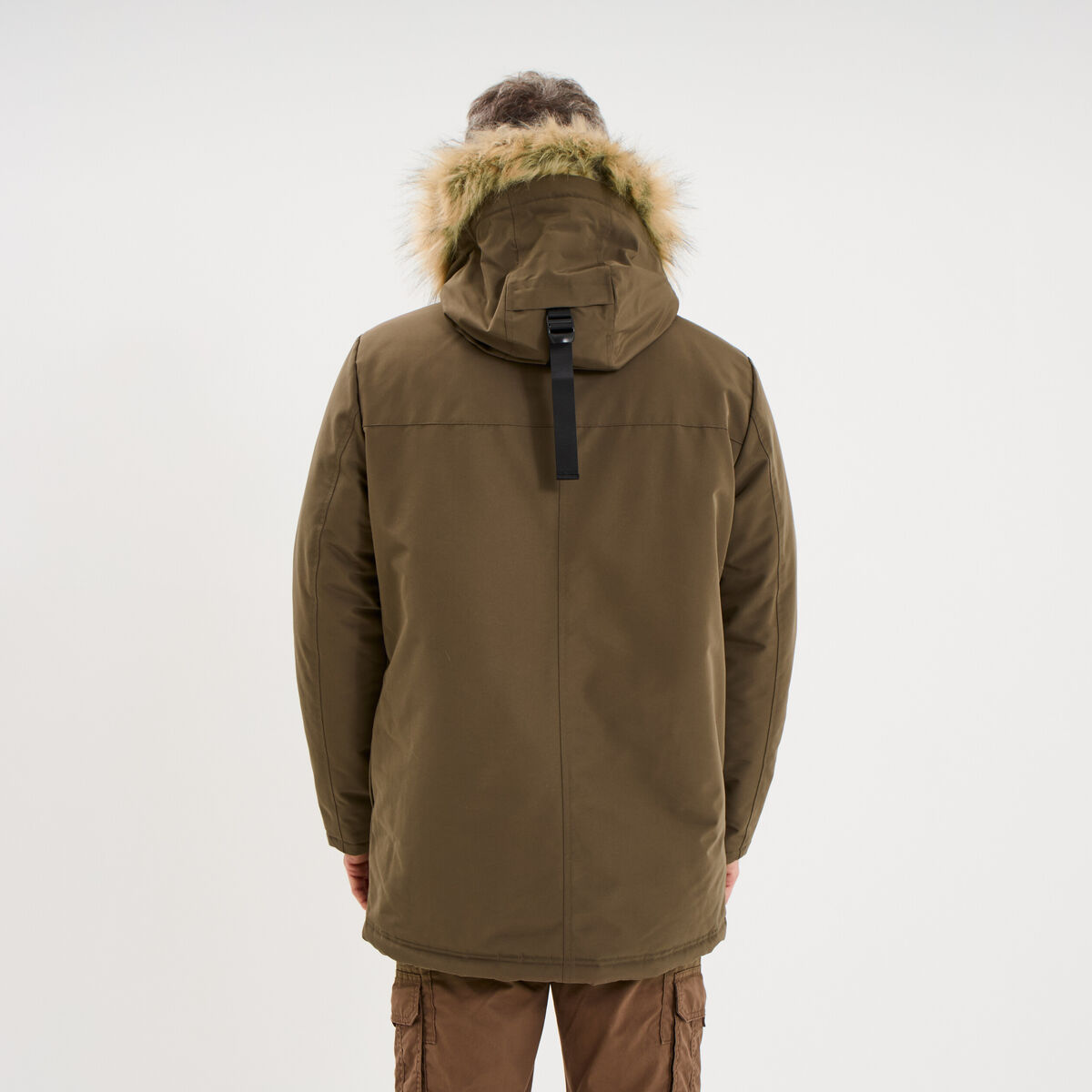 Parka &agrave; capuche fausse fourrure vert kaki homme