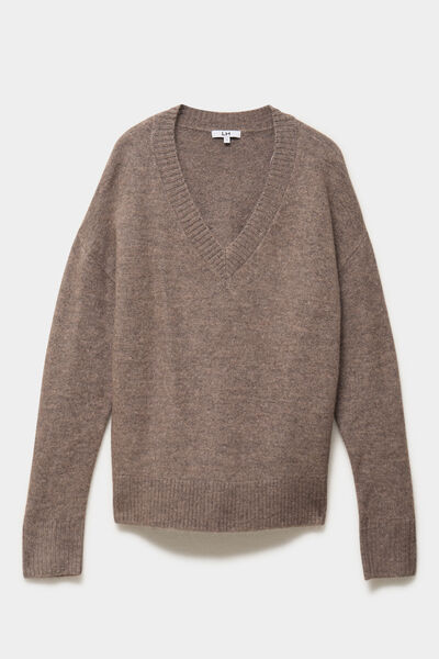 Pull col en V manches longues taupe femme