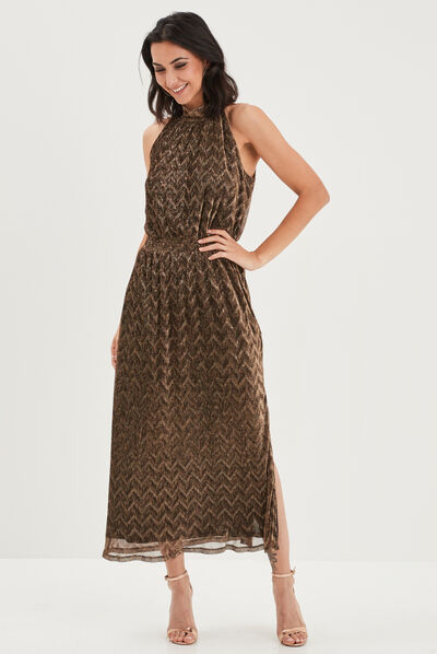 Robe longue encolure américaine jaune or femme